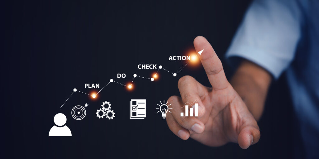 A person points to a glowing graphic labeled “ACTION” at the end of a step-by-step business strategy diagram, including icons for “PLAN,” “DO,” and “CHECK.” The image symbolizes a structured approach to optimizing business operations and appeal before selling.