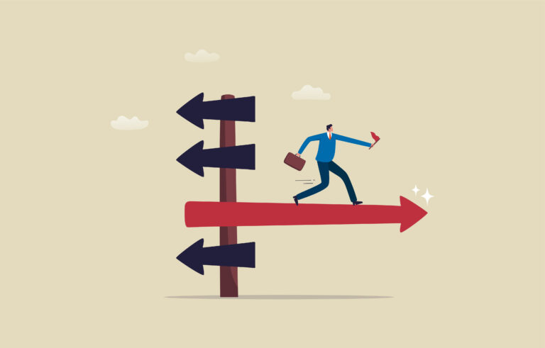 Illustration of a businessperson confidently running forward along a bold red arrow, while ignoring multiple black arrows pointing in different directions. The image represents decisive exit planning, clarity of direction, and choosing a strategic path for leaving a business.