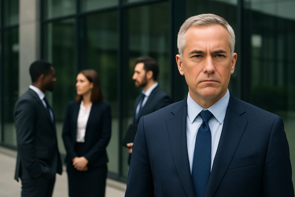A confident middle-aged businessman in a navy suit stands in sharp focus, looking directly at the camera, while a group of professionals converse in the background outside a modern office building. The image conveys leadership, decision-making, and the high-stakes environment of mergers and acquisitions.