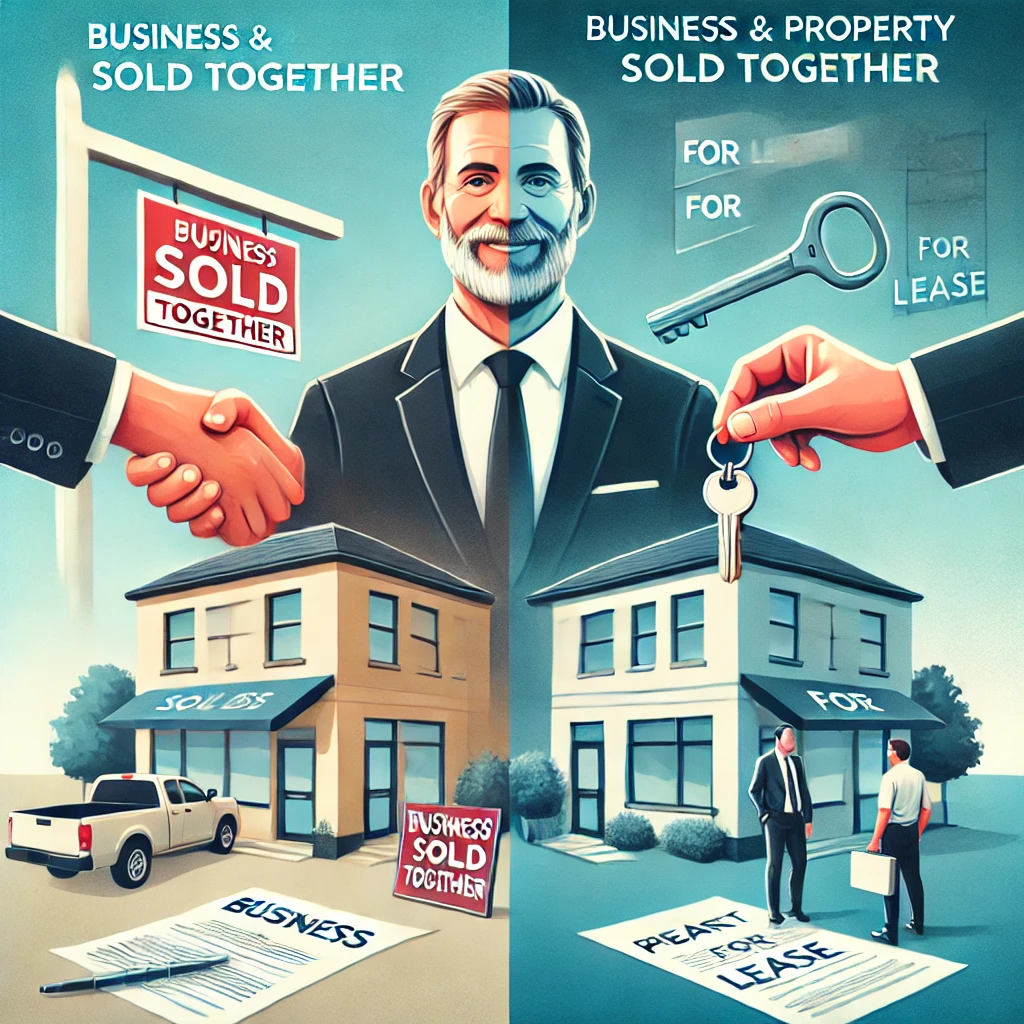 Split illustration showing two exit strategies for business owners: on the left, a smiling businessman shakes hands in front of a building marked "Business Sold Together," symbolizing selling the business and property in one deal. On the right, the same building displays "For Lease" signs, with a hand offering a key to new business owners—illustrating leasing the property while selling the business. The visual contrasts a clean break versus becoming a landlord, emphasizing the strategic decision every owner must consider.