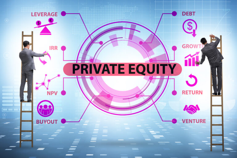 Private equity investment concept illustration showing two business professionals on ladders adjusting a large “Private Equity” sign with financial icons representing leverage, IRR, NPV, buyouts, debt, growth, and returns—symbolizing private equity firms investing in blue-collar industries like HVAC, plumbing, roofing, and manufacturing to consolidate businesses and increase EBITDA and enterprise value.