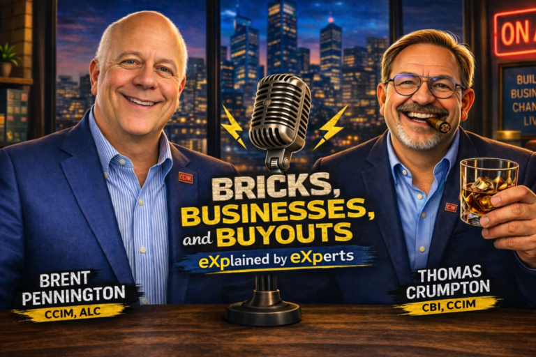 Podcast hosts Tom Crumpton, CBI, CCIM, and Brent Pennington, CCIM, ALC, recording the "Bricks, Businesses, and Buyouts" podcast, discussing business valuation, maximizing EBITDA, mergers and acquisitions, commercial real estate, and strategies for selling a business.