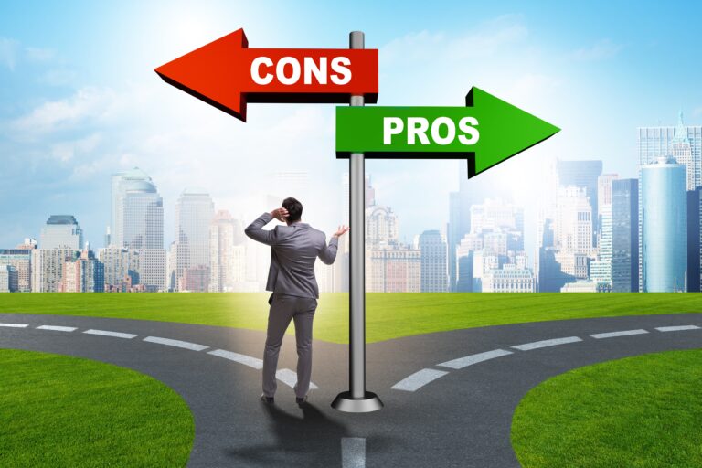 Business owner standing at a crossroads between "Pros" and "Cons" signs, representing the decision to stay on after selling a business or make a clean exit based on buyer requirements, transition planning, and financial goals.